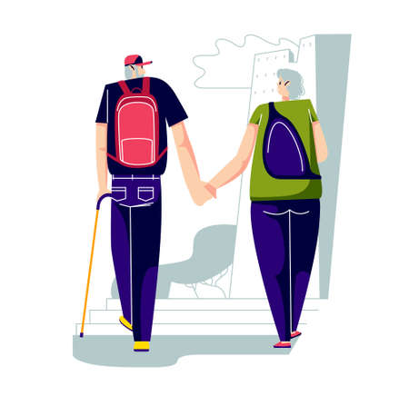 Senior couple travel. Elder active man and woman with backpacks walking cityのイラスト素材