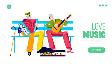 Elder musicians playing on musical instruments outdoors, template landing pageのイラスト素材