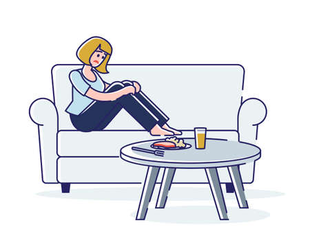 Woman with eating disorder and stomach pain symptoms with heartburn before dinnerのイラスト素材