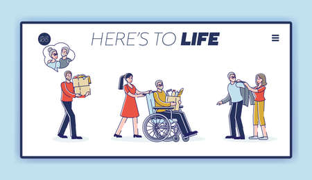 Landing page with volunteers and social workers caring of old people helping and supportingのイラスト素材