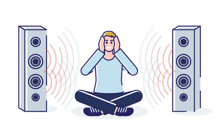 Man tired of loud music from loudspeakers covering ears with hands sitting on floorのイラスト素材