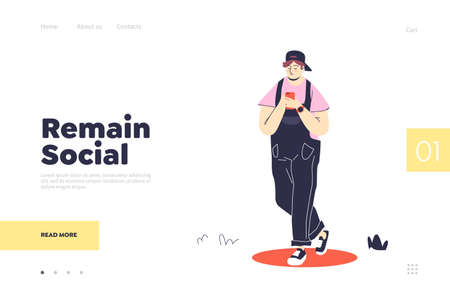Social media connection concept for landing page with modern man chatting via smartphone applicationのイラスト素材