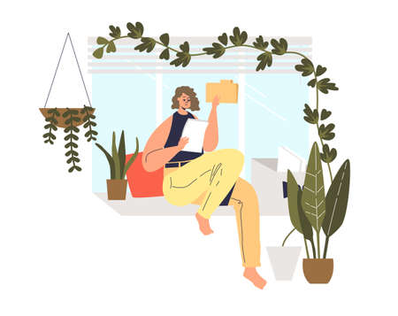 Woman reading documents at home. Businesswoman working remotely or freelance workerのイラスト素材