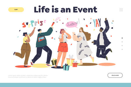 Surprise party landing page design with group of friends greeting happy girl with birthdayのイラスト素材