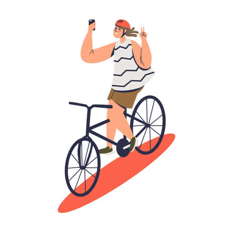 Girl making selfie photo riding bicycle. Dangerous selfie photo taking conceptのイラスト素材