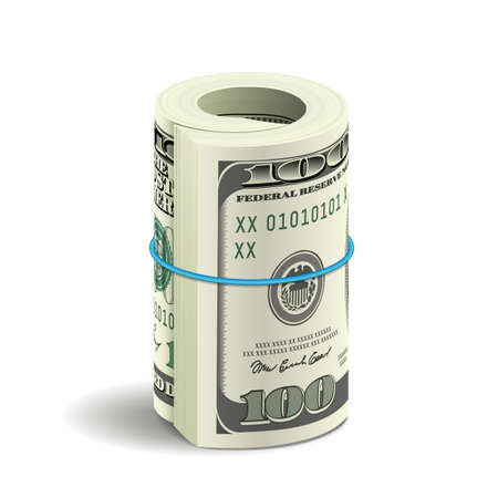Realistic bundle of dollar bills isolated on white background. Roll of american moneyのイラスト素材