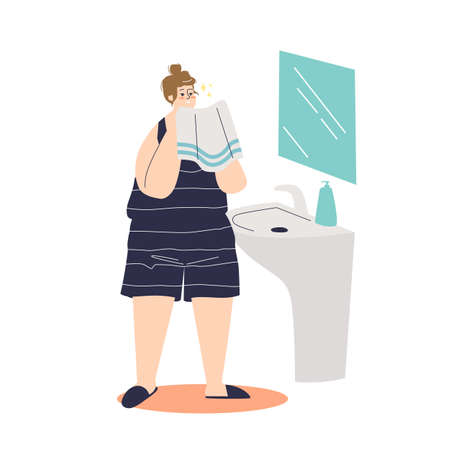 Young woman standing in front of mirror with towel after cleansing or moisturizing her skinのイラスト素材