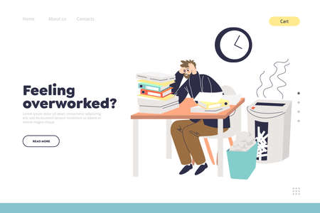 Overwork at workplace landing page concept with exhausted businessman at deskのイラスト素材