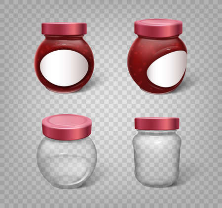 Glass jars with jam and empty mockups isolated with template branding stickersのイラスト素材