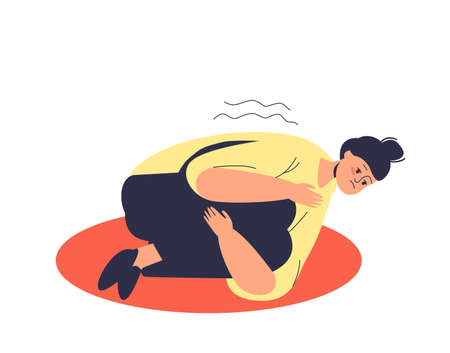 Depressed woman with panic attack lying on floor hugging her knees scared and stressedのイラスト素材