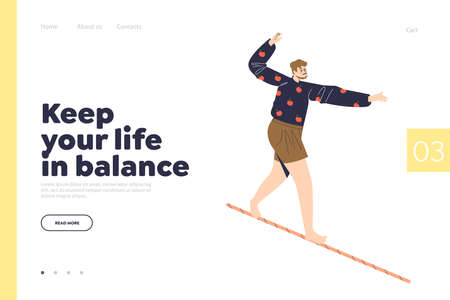 Keep life in balance concept of landing page with man walking on tightropeのイラスト素材