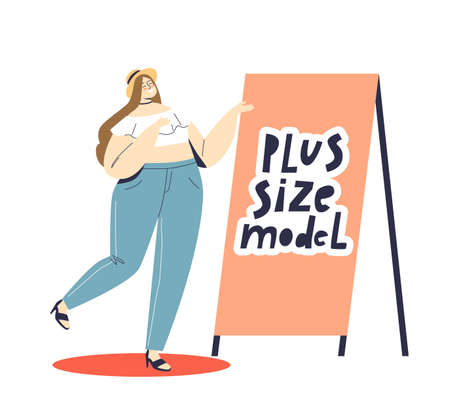 Plus size woman model. Cute and beautiful female cartoon character working in modelingのイラスト素材