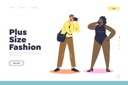 Plus size fashion landing page with photograph taking photos of plus size african american model