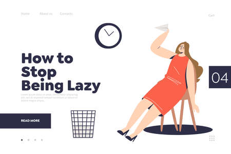 Stop being lazy landing page concept with cartoon businesswoman throwing paper planes at workplaceのイラスト素材