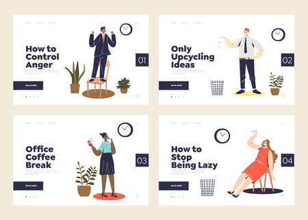 Landing pages with lazy or procrastinating office relaxed or stressful workers at workplaceのイラスト素材