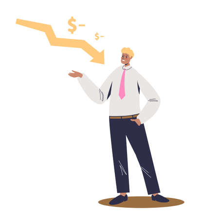 Businessman over arrow falling down background. Financial loss and bankruptcy concept