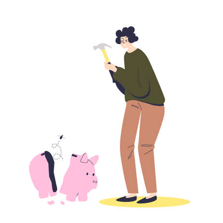 Woman braking empty piggy bank. Financial troubles, poverty and money loss conceptのイラスト素材