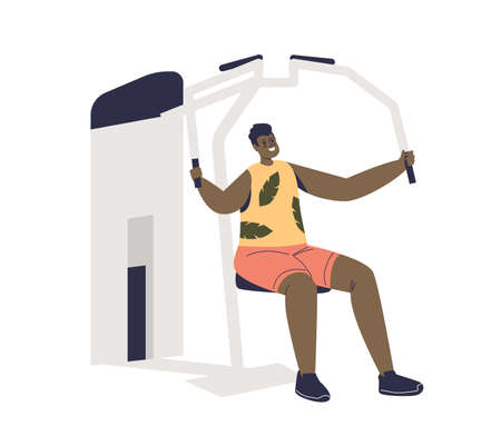 Man exercising on gym sport machines training arm muscles. Young male on trainer apparatusのイラスト素材