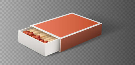 Realistic matchbox. 3d match box open with matches on grey background