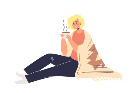 Woman drinking hot tea covered with blanket. Young female cartoon holding cupのイラスト素材