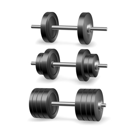 Barbells set. Realistic dumbbells on white background. Fitness gym and bodybuilding weight equipmentのイラスト素材