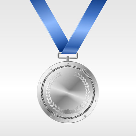 Realistic silver medal on blue ribbon: award for second place in competitionのイラスト素材