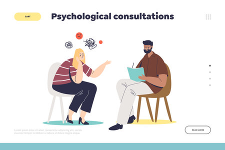 Psychological consultations landing page concept with female patient on visit to psychologistのイラスト素材