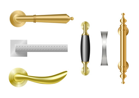 Golden and silver door handles. Realistic metal furniture for windows and doorwaysのイラスト素材