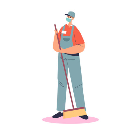 Male janitor wearing medical mask while sweeping floor. Worker during epidemic and quarantineのイラスト素材