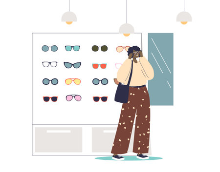 Young woman choosing sun glasses in modern optics store. Girl try fashionable eyeglassesのイラスト素材