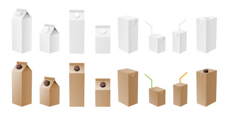 Milk and juice pack white and craft mockup. Realistic carton package isolated, template for dairy productのイラスト素材