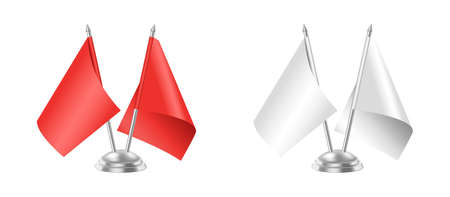 Realistic table flags mockup, red and white template flags for office desk isolatedのイラスト素材