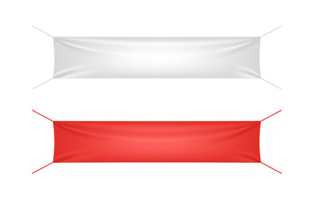 White and red textile banner with folds template set. Cotton and canvas, blank flag for advertisingのイラスト素材
