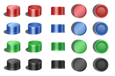 Set of isolated 3d bottle cap, realistic lid for water. Colorful beverage coverのイラスト素材