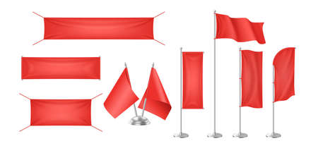 Red textile flags banners with folds template set. Isolated advertising mockupのイラスト素材
