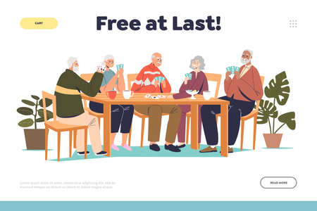 Happy retirement concept of landing page with group of senior people playing cardsのイラスト素材