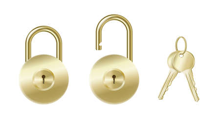 Realistic golden padlocks with keyhole in center and keys chain isolated on white backgroundのイラスト素材
