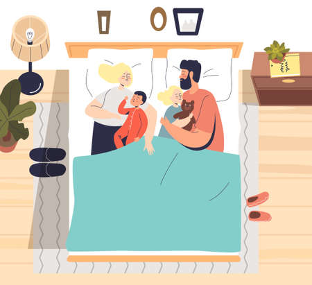 Big family sleeping in one bed: parents and kid napping together in bedroomのイラスト素材