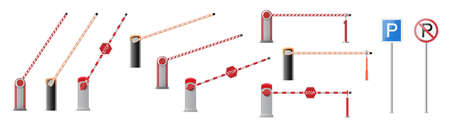 Set of open and closed parking car barrier gate with stop and park signs isolated on white backgroundのイラスト素材