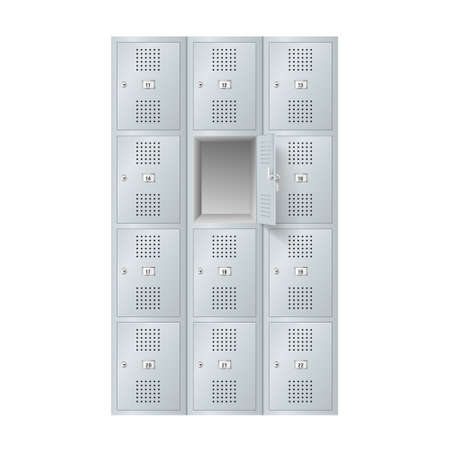 Realistic school lockers set, gray cupboards with combination lock and handlesのイラスト素材