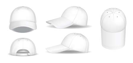 Set of white baseball caps. Realistic caps mockups, front, side and back viewのイラスト素材