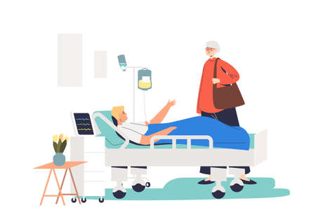 Senior lady visiting young man in hospital. Grandmother visit grandson in clinic wardのイラスト素材