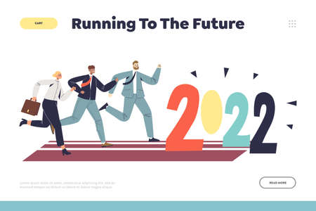 Running to future concept of landing page with group of businesspeople hurry to 2022