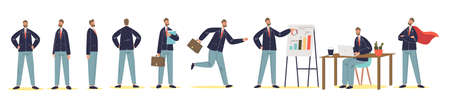 Set of businessman cartoon character in different poses standing, working, presenting and runningのイラスト素材
