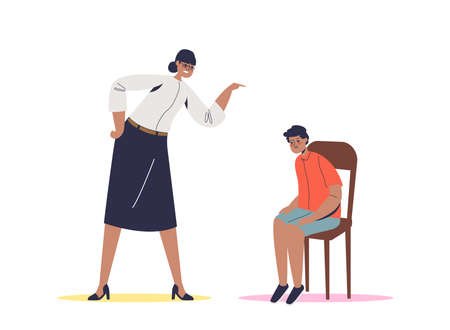 School principal scolding schoolboy. Strict female teacher or headmaster talking to guilty boyのイラスト素材