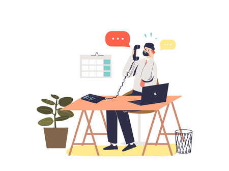 Busy manager at workplace answering many phone calls. Overwhelmed office workerのイラスト素材