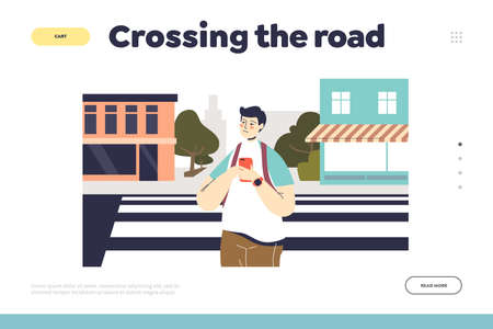 Crossing street carefully concept of landing page with young man on crosswalk holding smartphoneのイラスト素材