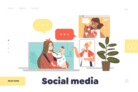 Social media and video calls concept of landing page with people talking during online conferenceのイラスト素材