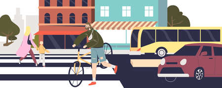 People crossing street on crosswalk. City street with cars and pedestrians walking on zebraのイラスト素材