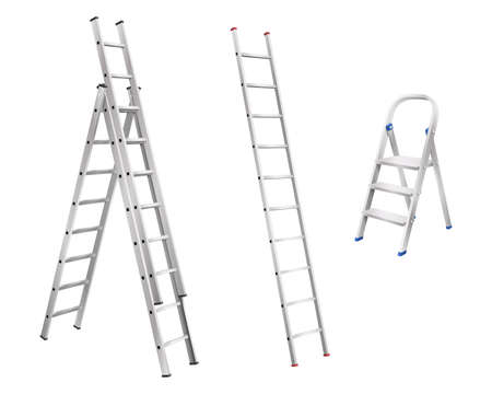 Realistic metal ladders. Set of step ladder and stair cases for household on white backgroundのイラスト素材